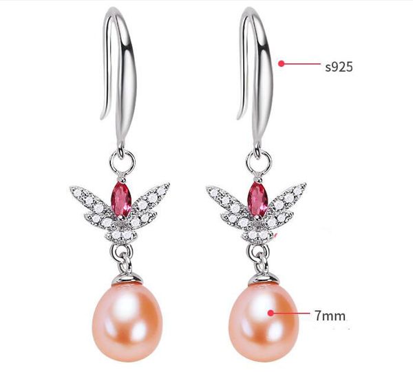 

s925 silver 7mm inlaid zircon butterfly ear hook dangle & chandelier natural freshwater pearl earrings white purple pink lady/girl fashion j
