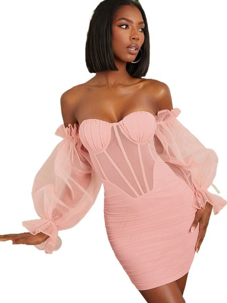 

off shoulder bell sleeve ruched mesh dress b9xr#, Black;gray