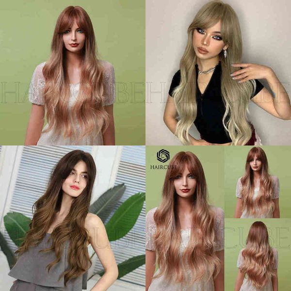

style women dyed gold brown slanted bangs long curly hair high temperature silk material daily application 220527, Black