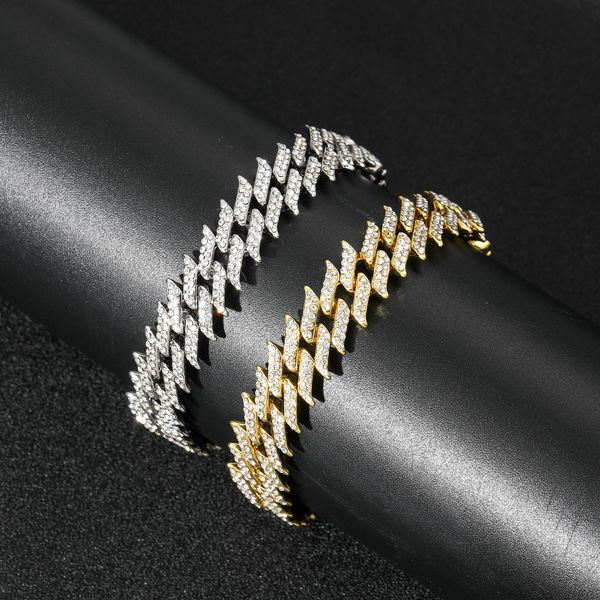 

bling iced out hip hop thorns cuban link chain bracelets 19mm alloy two-row diamond spiked men's hip-hop accessories bracelet rapper pu, Black