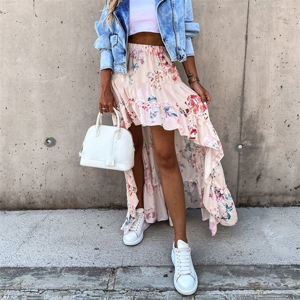 

bohemian beach style long womens skirt summer floral print high waist ladies elegant asymmetrical ruffles female skitrs 220611, Black