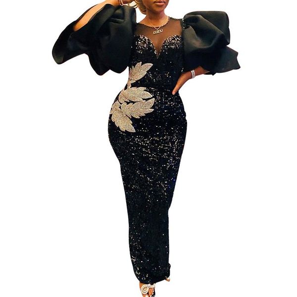 

casual dresses long black velvet glitte embroidered chest wrapped puff sleeve dress classy ladies spring fall party celebrity birthday, Black;gray
