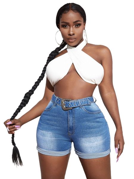 

sxy high waist roll up hem belted denim shorts a3qn#, White;black