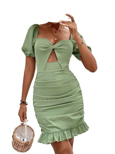

sweetheart neck puff sleeve ruched dress b79a#, Black;gray