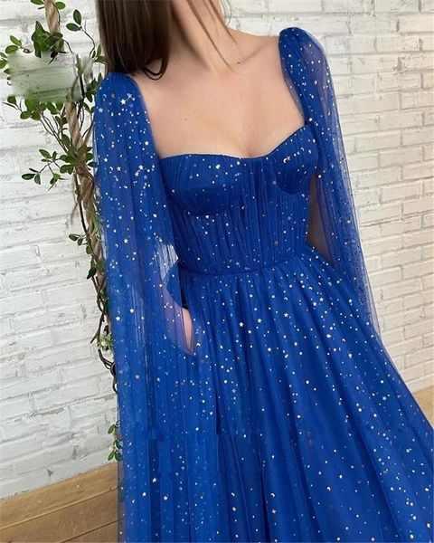 Abiti da festa Royal Blue A-Line Sparkly Stars Tulle Prom Dress Sweetheart con maniche lunghe a mantella Abiti da sera PartyParty