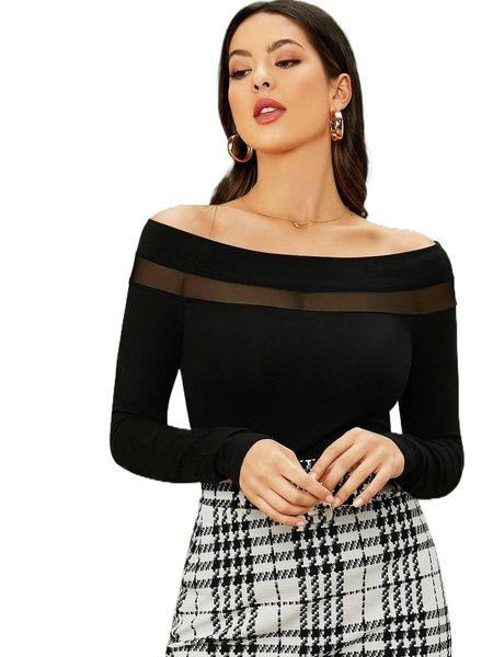 

sheer mesh insert off-the-shoulder f7pk#, White