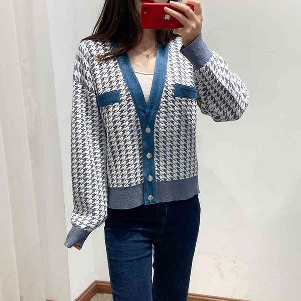 

women's sweaters fadan s home early spring denim stitched thousand bird check knitted cardigan v-neck loose coat ins fashion la4g, White;black
