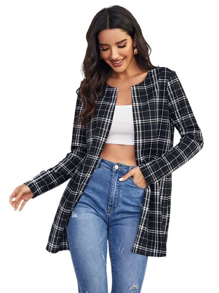 

open front plaid coat s3le#, Black