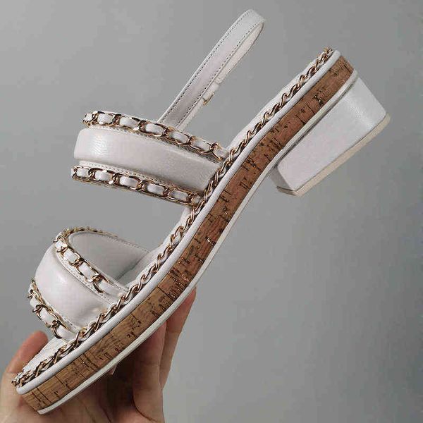 

2022 summer new small fragrant sandals chain c home rhinestone thick heel open toe buckle leather women's shoes, Black