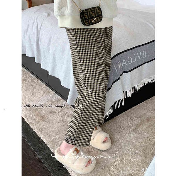 

women's pants & capris golden latte slim classic versatile casual pants women's plaid straight tube 9-point winter style 5mrk, Black;white