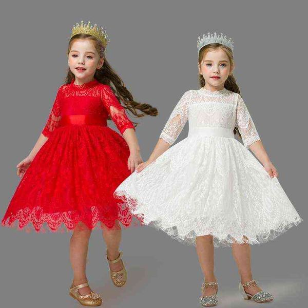 Vestido de garotas de verão para crianças Floral Lace Princess Dress Filhos de aniversário Vestido de baile de criação de meninas vestido de concurso vermelho 3-8y G220518
