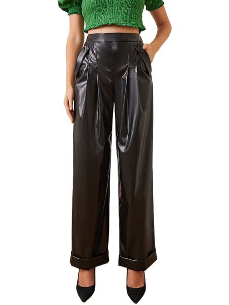 

sbetro high waist slant pockets roll up hem pu leather pants m5bu#, Black;white