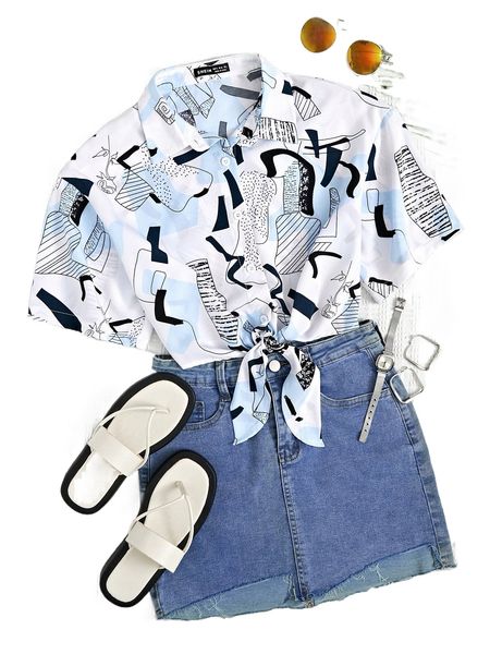 

graphic print tie front shirt c1qy#, White