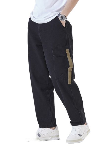 

men flap pocket buckle tape cargo jeans a6xk#, Blue