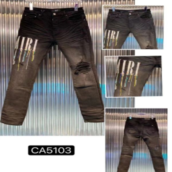 Amirs 2022 moda masculina jeans rasgados azul chama impressão personalidade remendado buracos magro ajuste jeans