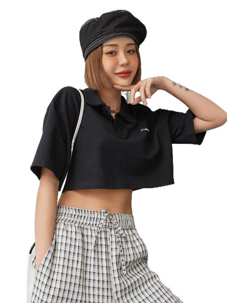 

dazy letter patch detail polo neck drop shoulder crop tee 14tc#, White