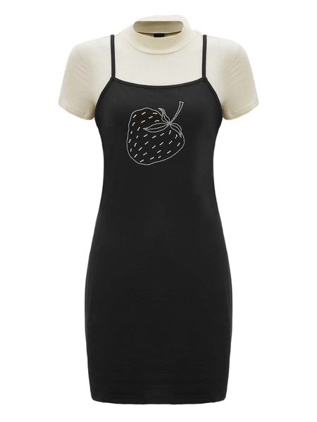 

x janetmo mock neck tee and strawberry print cami dress f1f8#, White