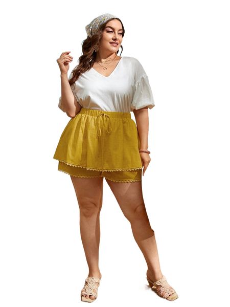 

plus tie front guipure lace detail skort e0p6#, Black