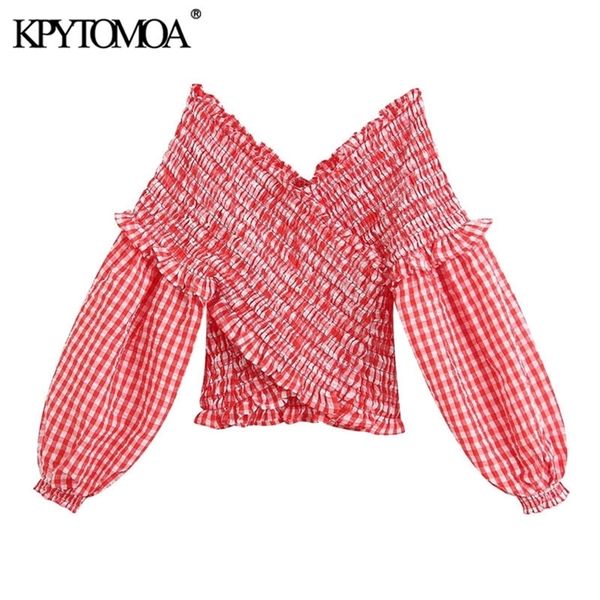 Kpytomoa Mulheres doces moda com smocked elástico xadrez colhoper cortado vintage v pescoço de manga longa camisas femininas blusa tops chic lj200811