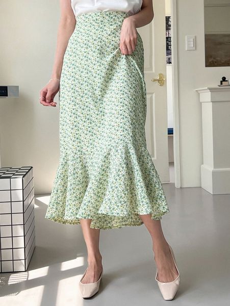 

dazy ditsy floral print ruffle hem skirt 71f4#, Black