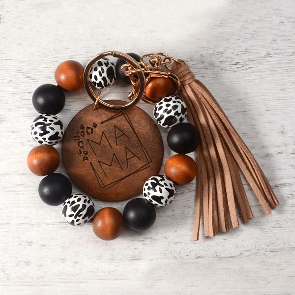 

2022 leopard print silicone bead keychain fashion bag pendant round wood chip mama letters bracelet key chains jb0799, Silver
