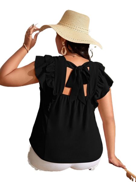 

plus layered ruffle trim tie back blouse t5cc#, Black