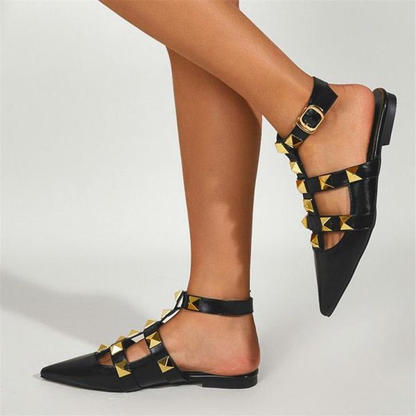 

slipper 2021 summer kids sandals girls rivets t strap patent leather shoes ankle pointed toe princess sandalias278o, Black;grey