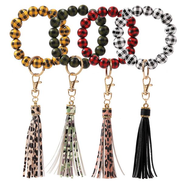 Búfalo xadrez de madeira Bead Pulseira Jóias Preto Branco Verificação Leopardo Tassel Keychains Bangle Anti Perda Fringe Braceletes Pulseiras Chaveiro Anel Pingente Saco Acessórios B8004