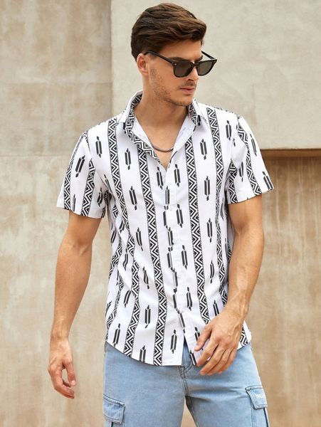 

men chevron & geo print shirt f0nz#, White;black