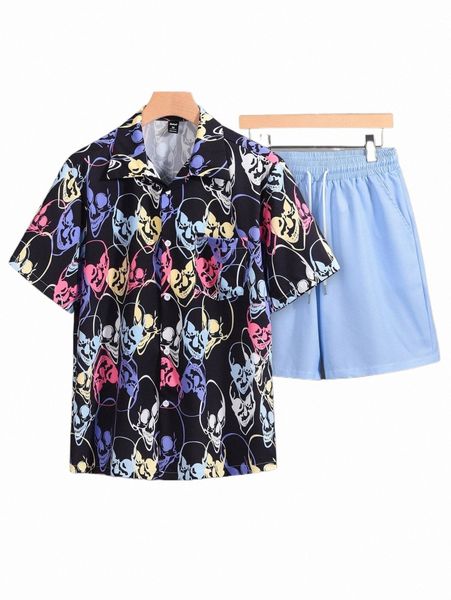 

romwe guys skull print shirt & shorts y7ml#, Gray