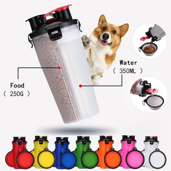Portatile 2 in 1 Pet pieghevole bottiglia d'acqua contenitore per alimenti con ciotola in silicone da viaggio all'aperto per cani e gatti tazza Y200917