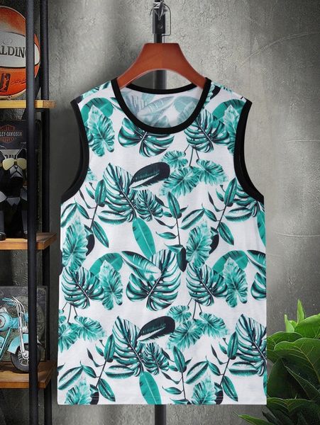 

men tropical print contrast binding tank u23s#, White;black