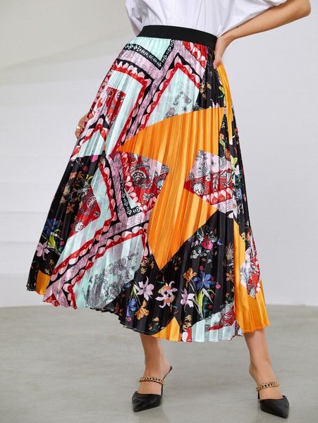 

scarf print pleated skirt v6ml#, Black