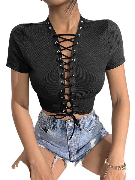 

grommet eyelet lace up crop tee n6vs#, White