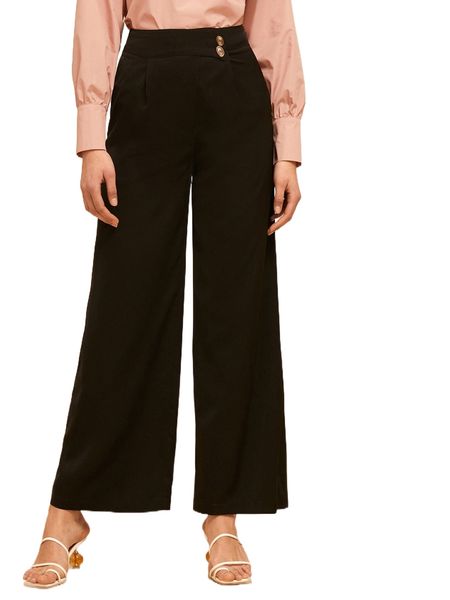 

fake button plicated detail wide leg pants p26l#, Black;white