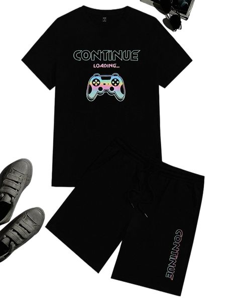 

men reflective slogan & cartoon graphic tee and drawstring waist shorts v1xn#, Gray