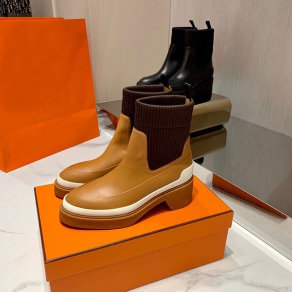 Orijinal deri kahverengi ayak bileği botları örme çorap stili ince fit kısa botlar marka moda kalın taban platformu Chelsea Boot