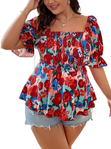 

plus all over floral print shirred puff sleeve blouse m1jz#, Black
