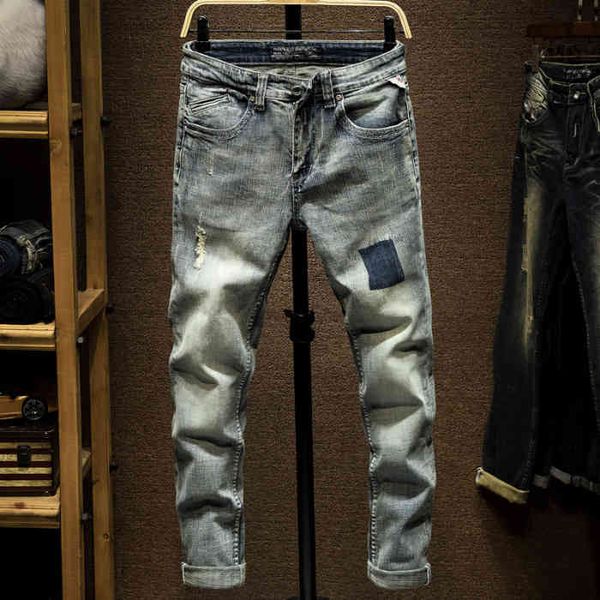 

jeans men 2021 new fashion brand hole casual small straight leg men's pants, Blue