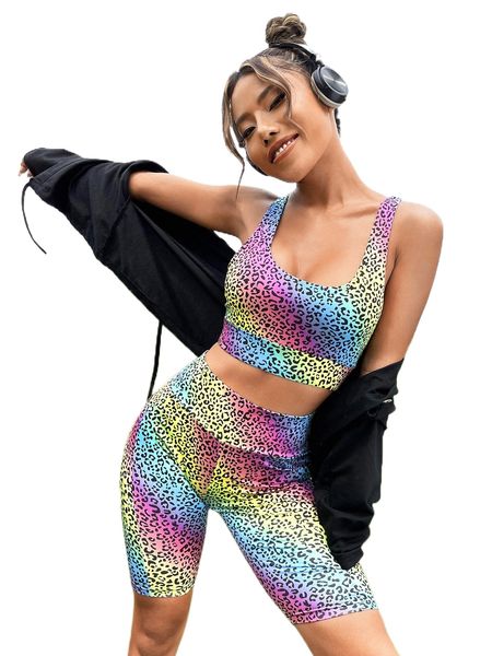 

ombre leopard print criss cross back sports bra 03a0#, Gray