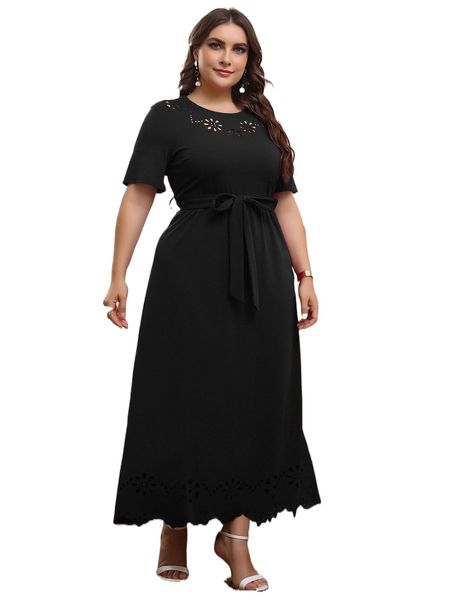 

plus laser cut belted a-line dress x0gn#, Black