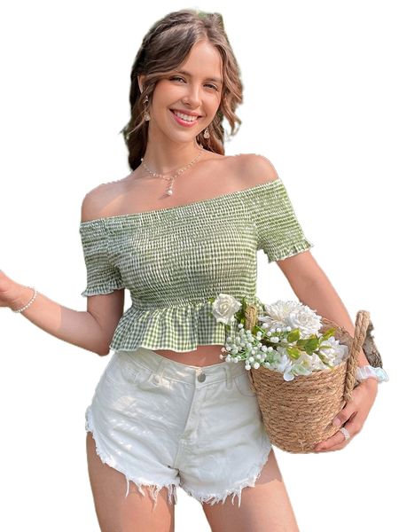 

gingham print off shoulder shirred peplum blouse g8hi#, White
