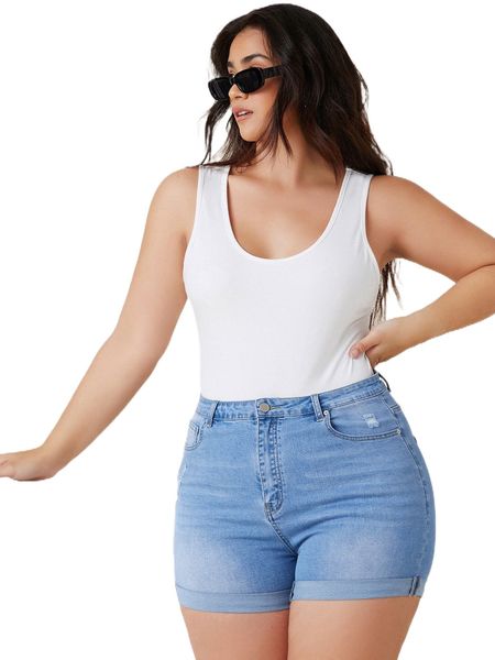 

plus high waist ripped denim shorts 30vi#, White;black