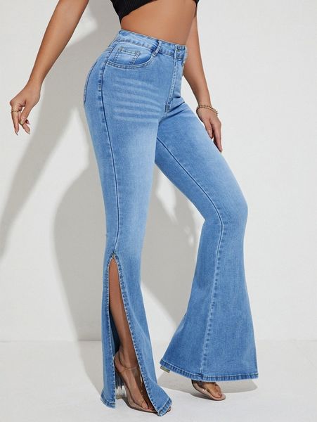

high waist split hem jeans 12cx#, Blue