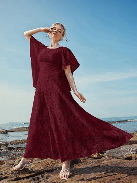 

butterfly sleeve lace a-line dress w2s0#, Black;gray
