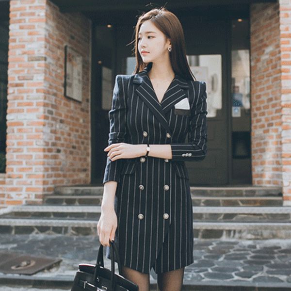 

2022 fashion office lady slim striped blazer split notched women dress elegant work suits feminino, White;black
