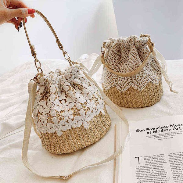 

shopping bags bohemia rattan weaving shoulder crossbody bag women lace bucket bags summer ladies beach vacation bags shopper handbags purses