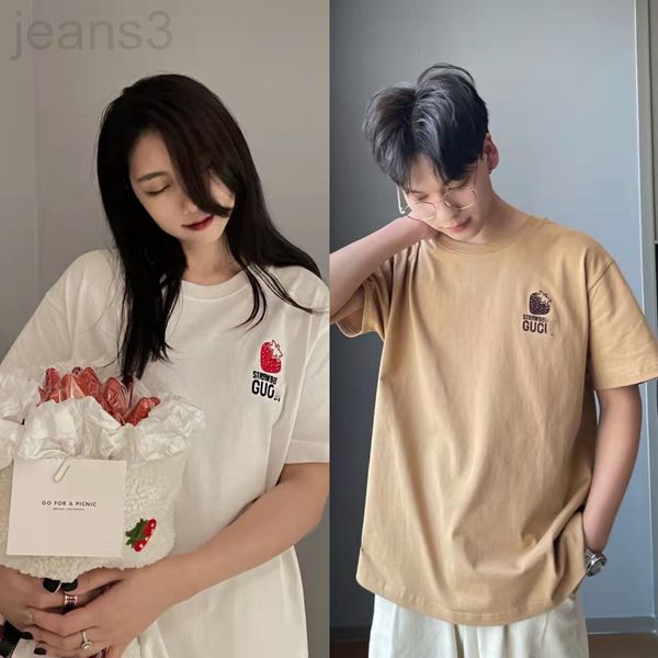 

women's t-shirt designer 2022 early spring new strawberry embroidered letter loose round neck short sleeve t-shirt solid color trend, White