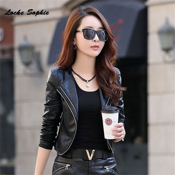 

1pcs women's plus size short jacket coats autumn faux fur pu leather splicing small jacket ladies skinny locomotive coats 201224, Black