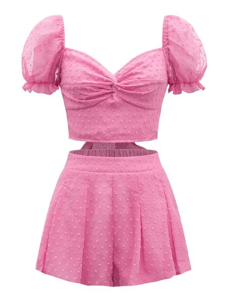 

swiss dot twist puff sleeve crop chiffon & skirt g0uf#, White